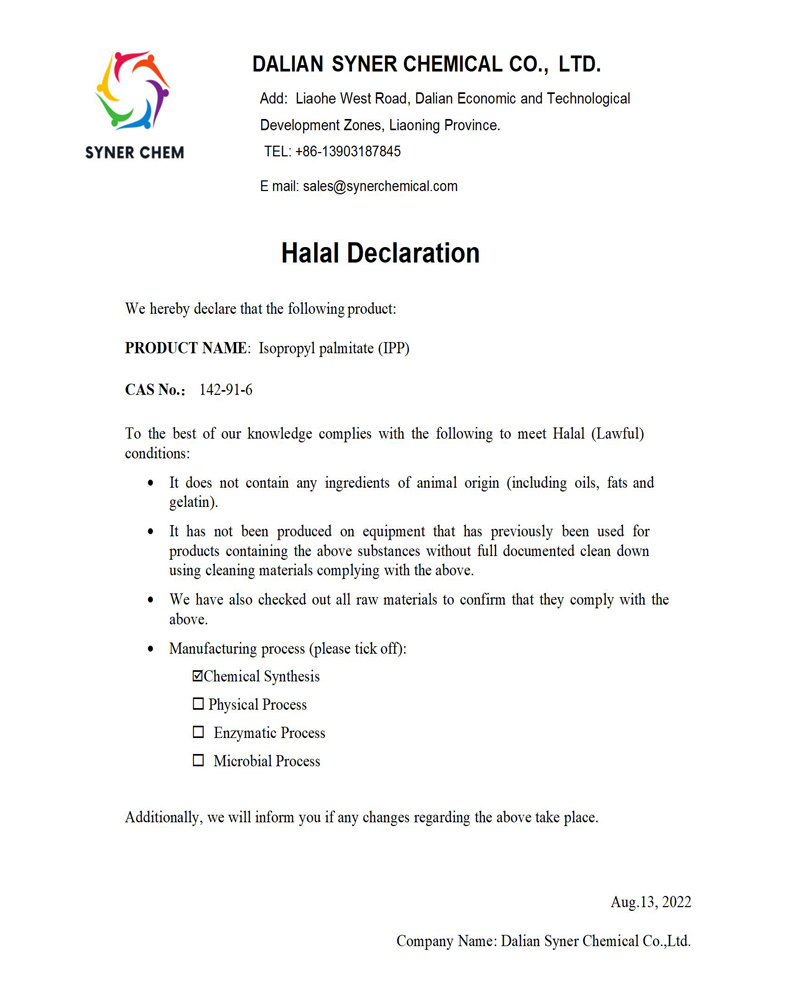 Syner Chem Cosmetic Chemical Isopropyl palmitate (IPP) CAS 142-91-6 Halal Declaration-1